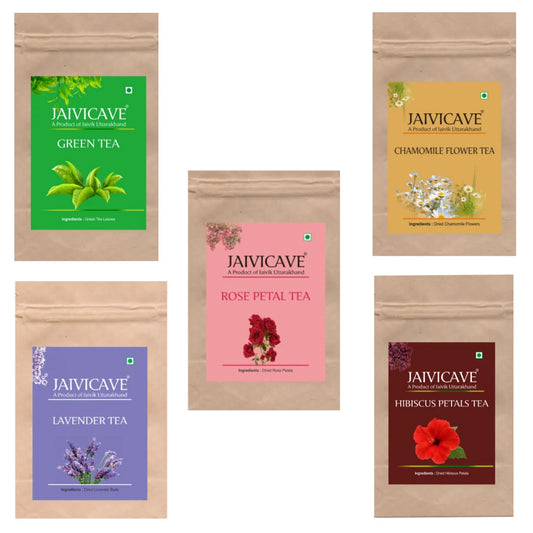 Green Tea, Lavender Buds, Chamomile, Rose Petals, Hibiscus (10g each) Pack of 5