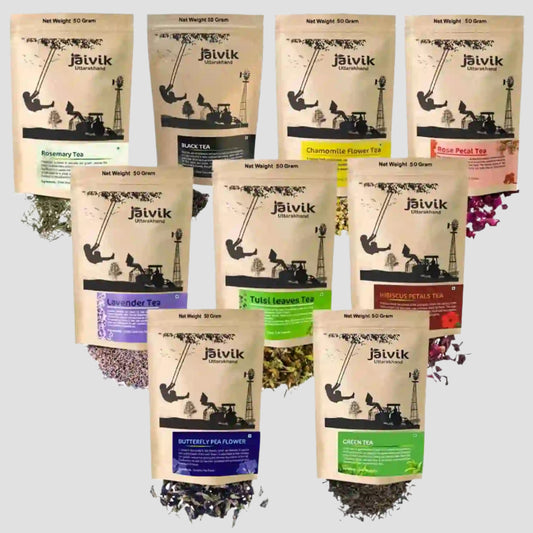 Hibiscus_Tea_Jaivik_UttarakhandLavender Buds Butterfly Pea Hibiscus Chamomile Rose Petals Lemongrass Tulsi Green Black Herbal Tea Gift Pack Combo