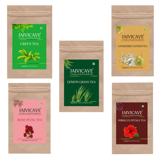 Green Tea, Chamomile, Lemongrass, Rose Petals, Hibiscus (10g each) Pack of 5