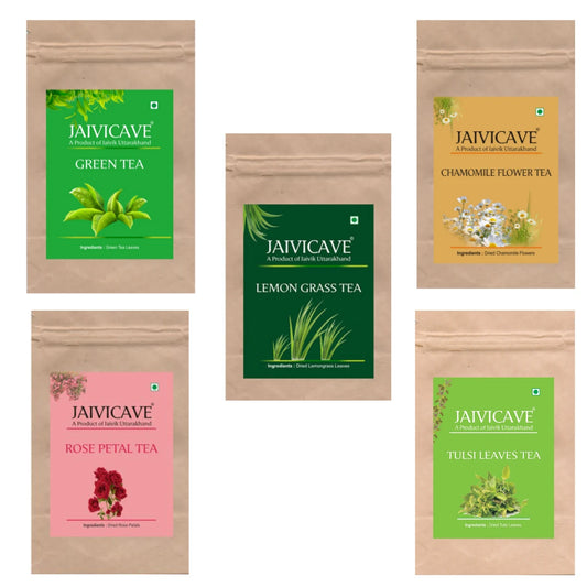 Green Tea, Chamomile, Lemongrass, Rose Petals, Tulsi (10g each) Pack of 5
